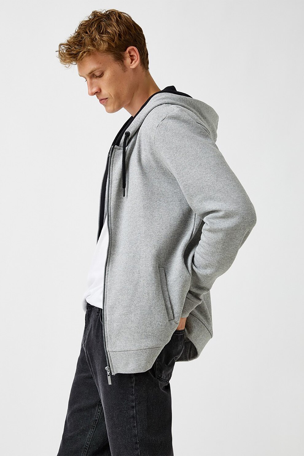 KOTON, Hanorac cu fermoar si aspect texturat, Gri melange, S