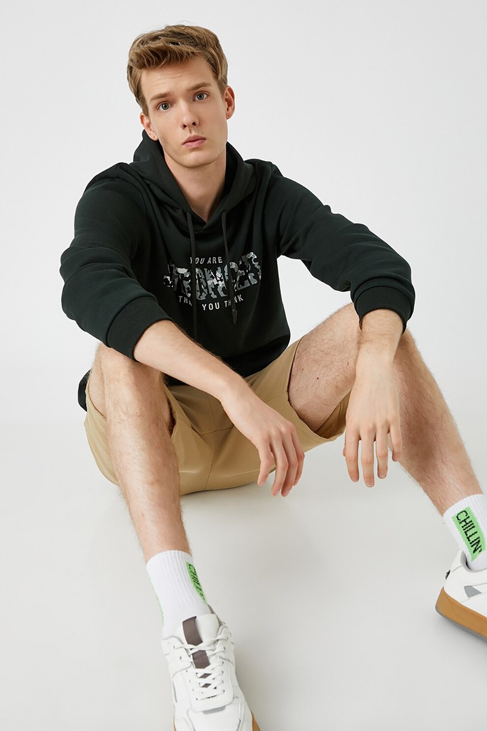 KOTON, Hanorac cu imprimeu text, Verde inchis/Alb