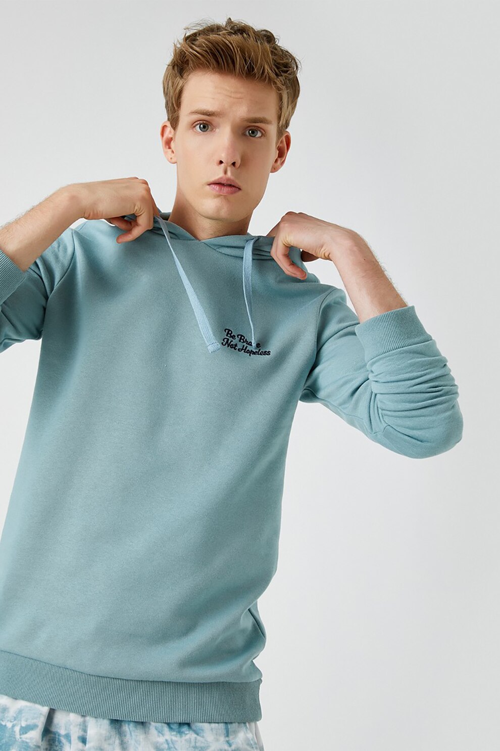 KOTON, Hanorac de bumbac cu text brodat, Albastru aquamarin