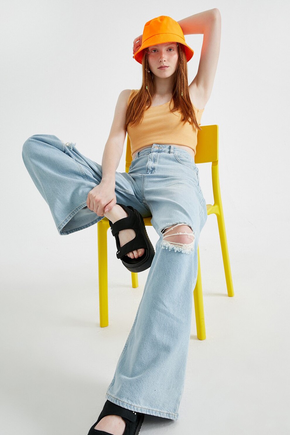 KOTON, Blugi ampli cu aspect deteriorat, Albastru deschis