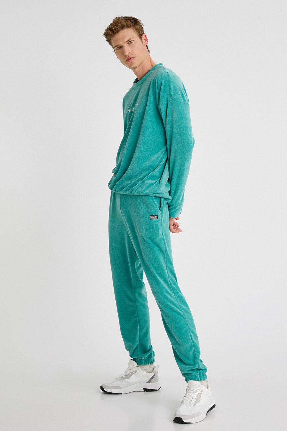 KOTON, Pantaloni sport catifelati cu talie elastica, Verde persan, S