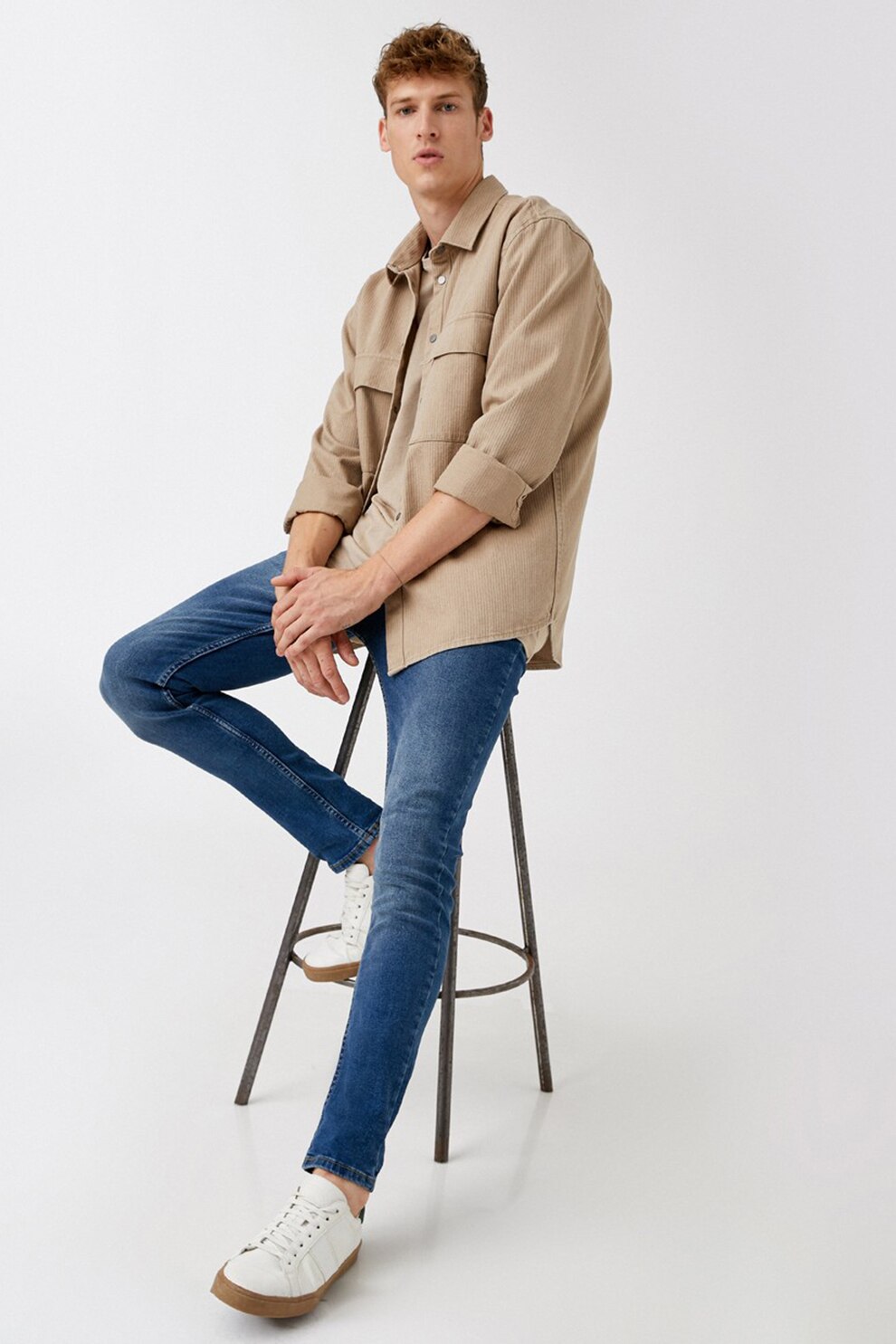 KOTON, Blugi slim fit cu aspect decolorat, Albastru