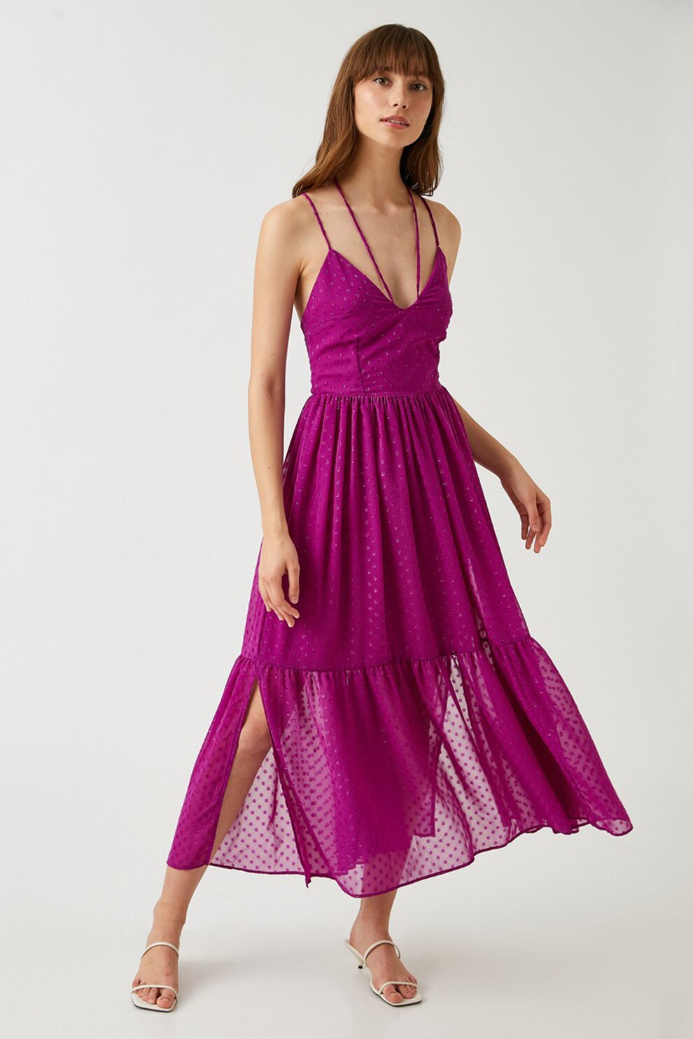 KOTON, Rochie evazata cu decolteu in V, Roz fandango