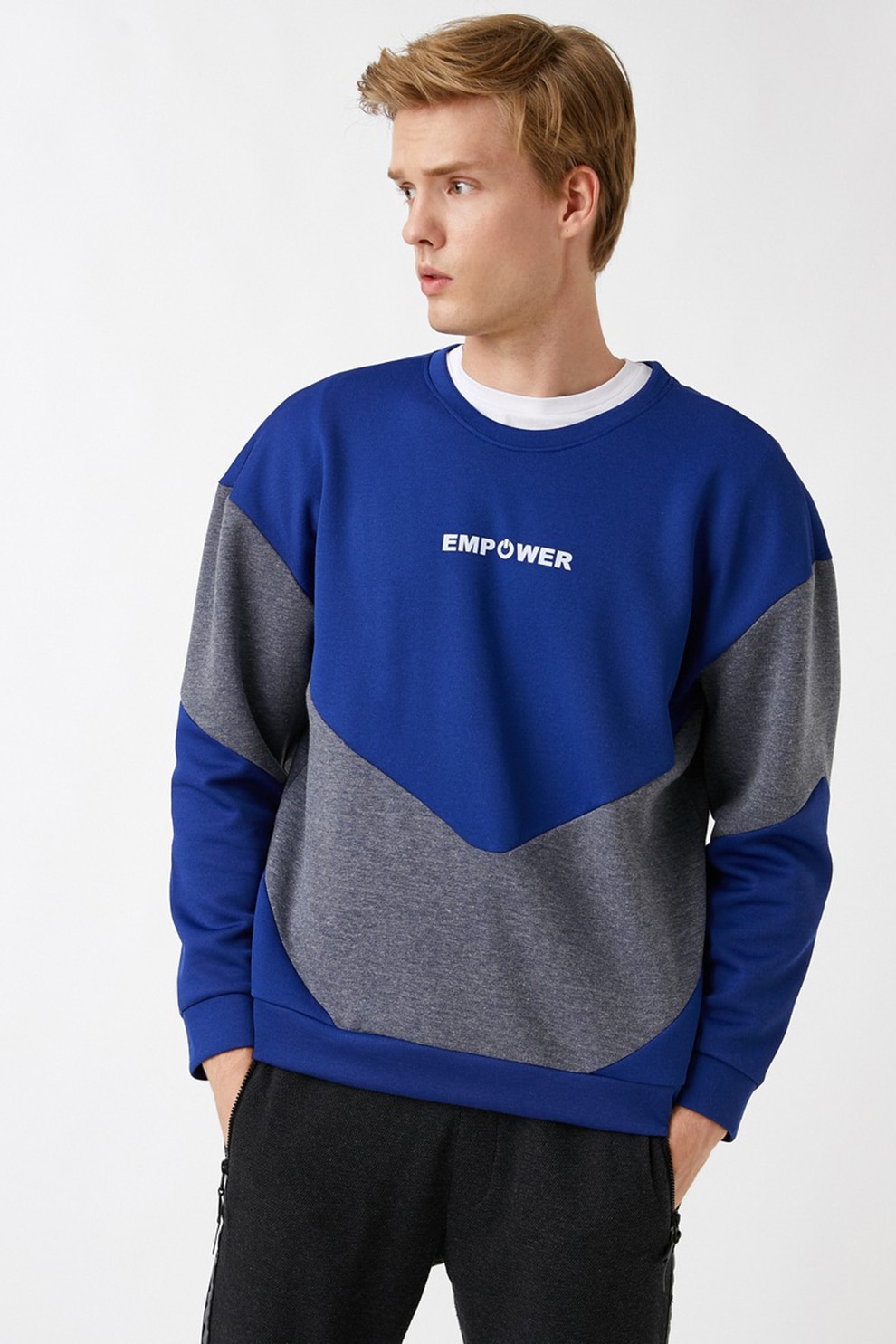 KOTON, Bluza sport cu decolteu la baza gatului si imprimeu text, Albastru/Gri, S