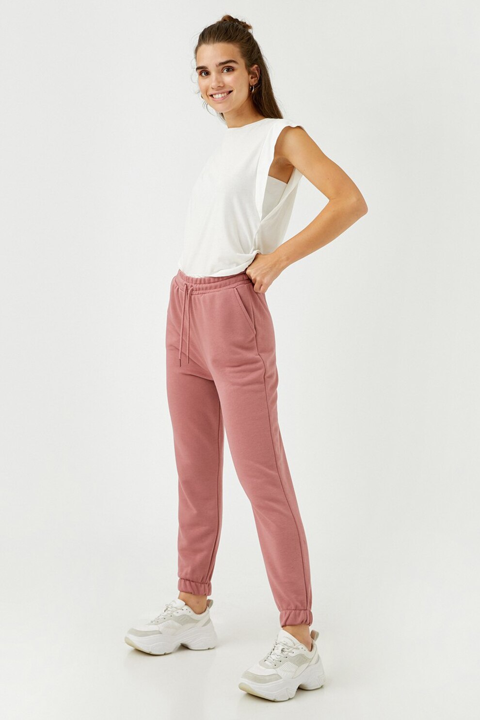 KOTON, Pantaloni sport cu snur in talie si buzunare laterale, Roz prafuit