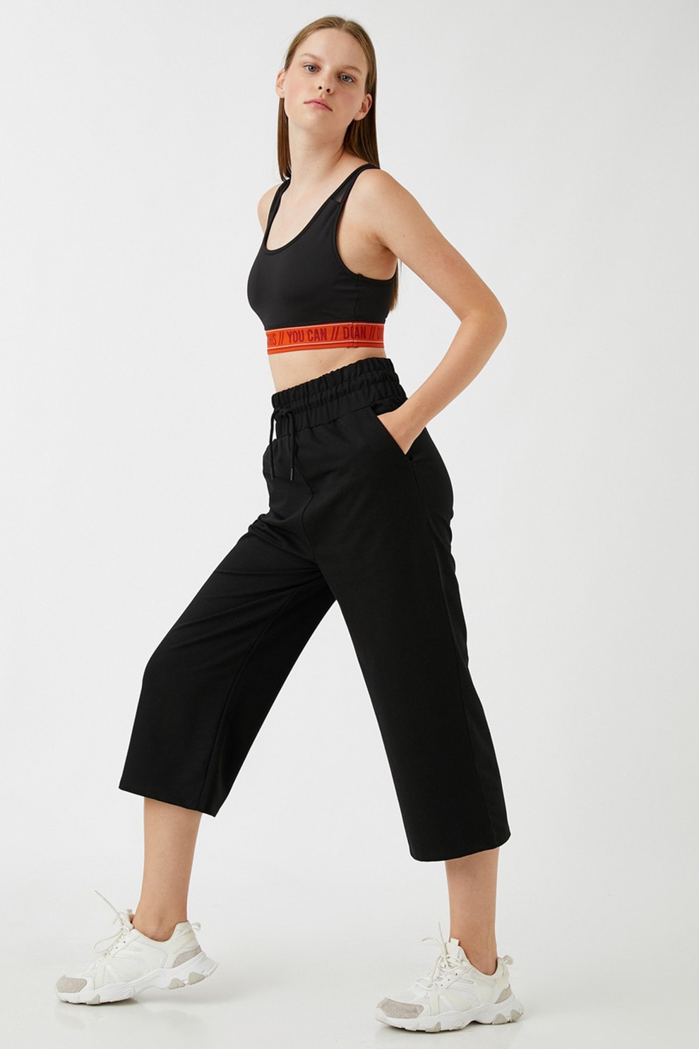 KOTON, Pantaloni sport crop cu talie inalta, Negru
