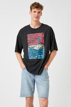 KOTON, Tricou cu decolteu rotund si imprimeu grafic, Gri inchis KOTON, Tricou cu decolteu rotund si imprimeu grafic, Gri inchis