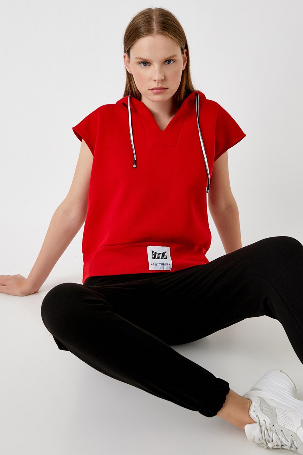 KOTON, Tricou cu gluga si imprimeu text, Rosu