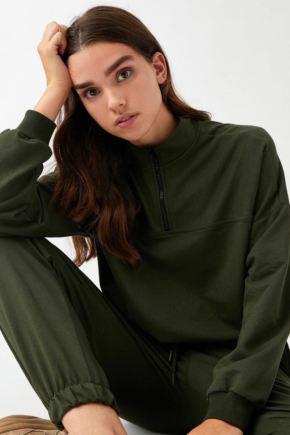 KOTON, Bluza sport cu fenta cu fermoar, Verde militar
