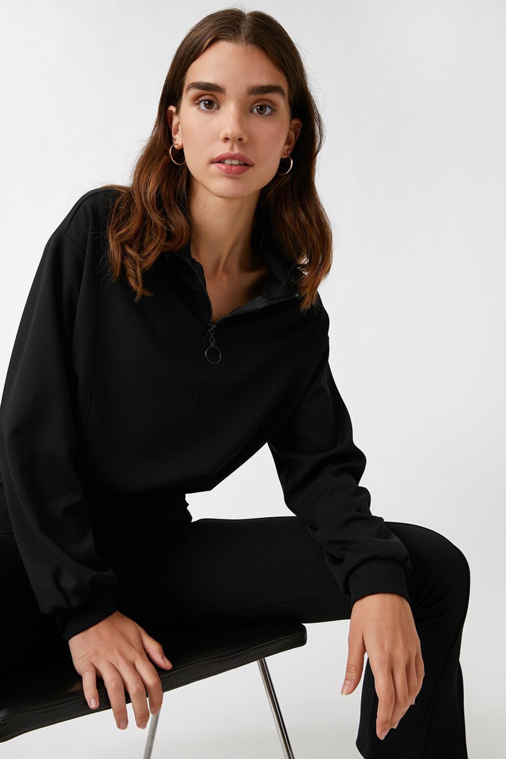 KOTON, Bluza sport cu fenta cu fermoar, Negru