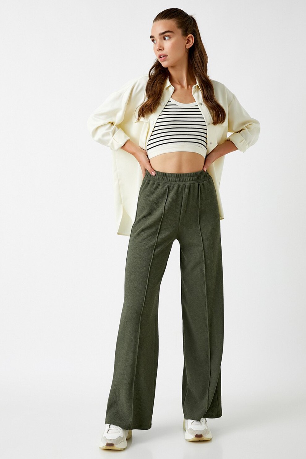 KOTON, Pantaloni texturati cu talie inalta, Verde forest