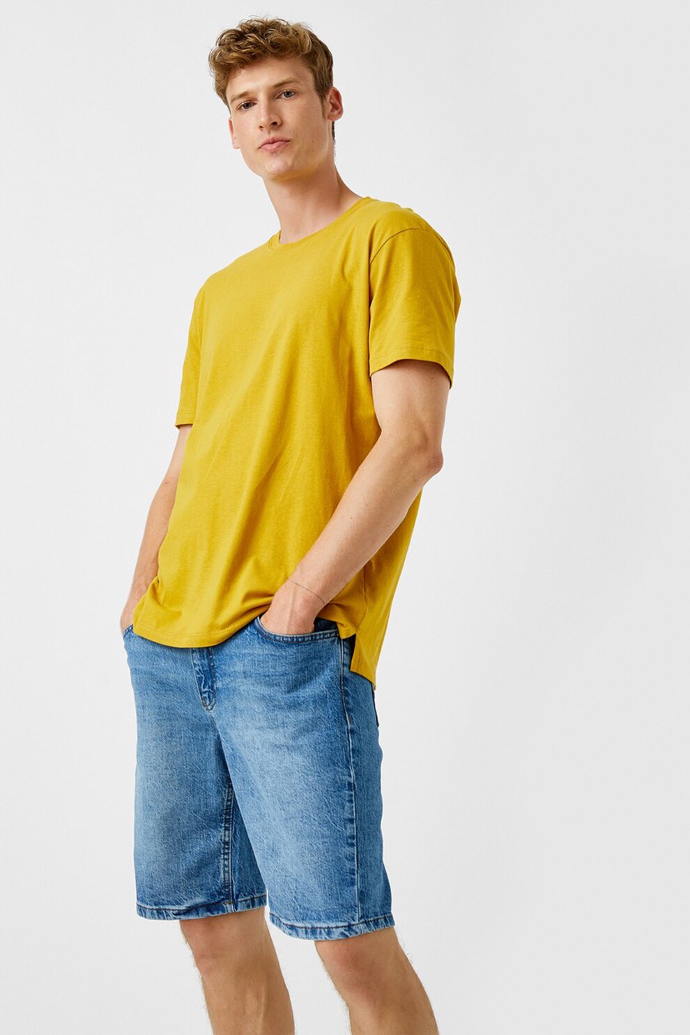 KOTON, Tricou de bumbac cu decolteu la baza gatului, Galben mustar