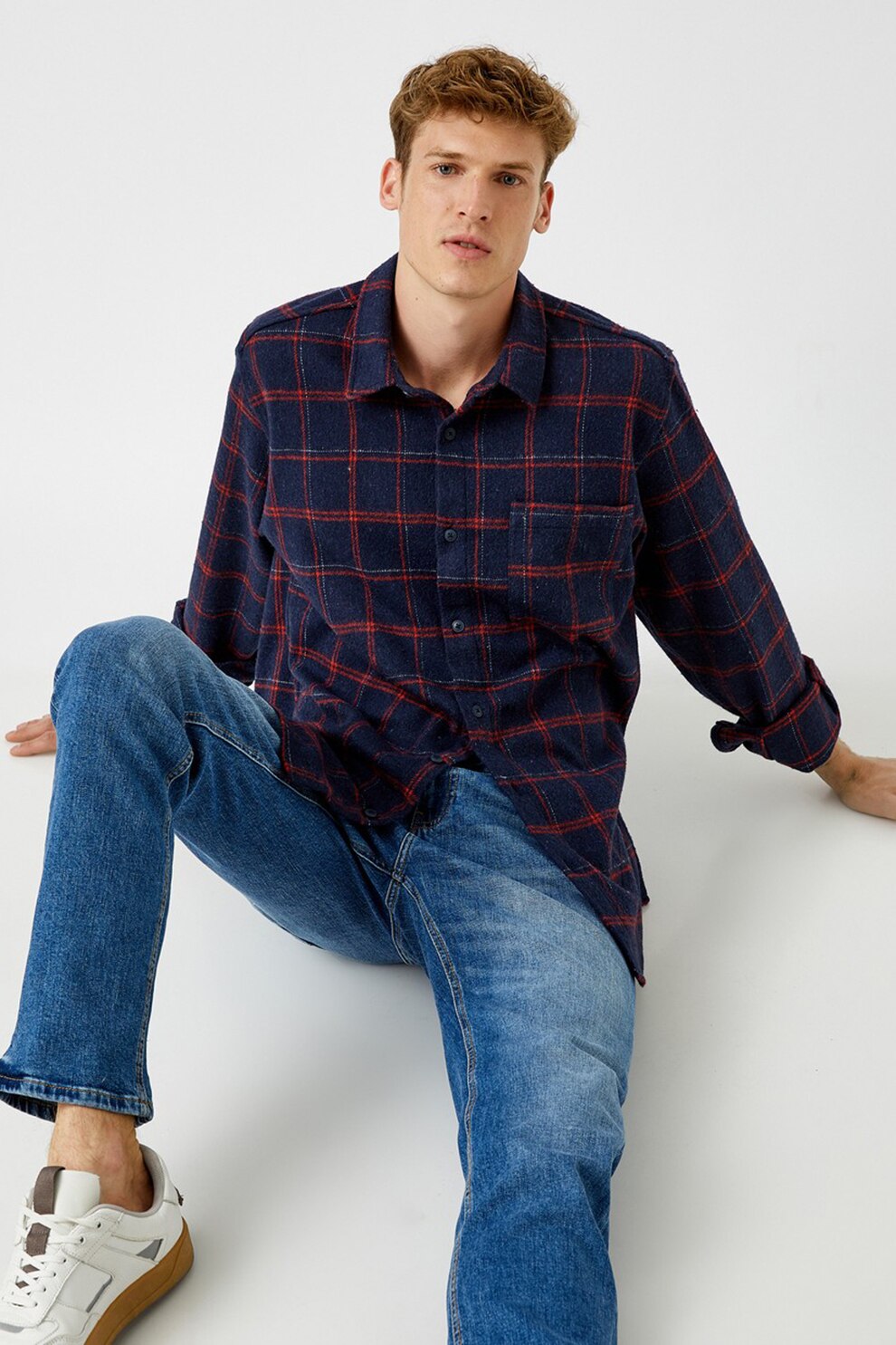 KOTON, Camasa relaxed fit in carouri cu buzunar pe piept, Bleumarin/Rosu