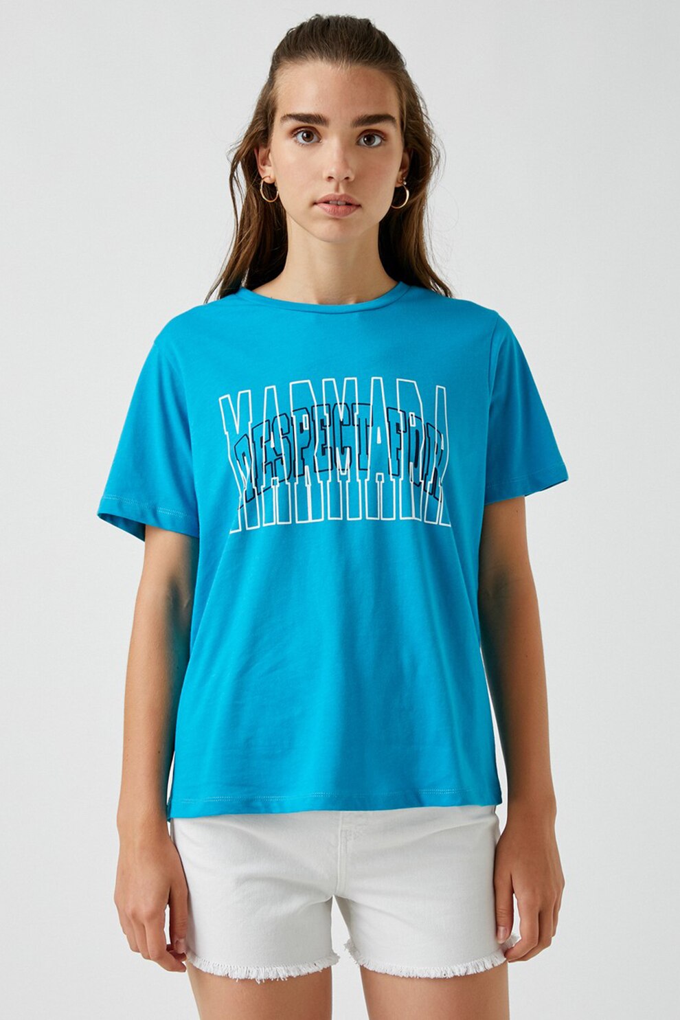 KOTON, Tricou de bumbac cu imprimeu text, Albastru turcoaz