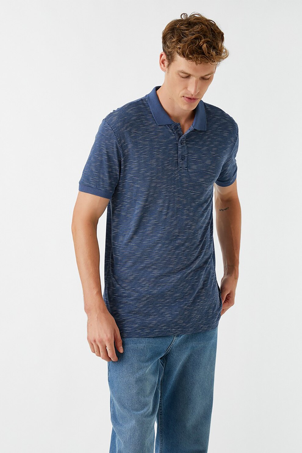 KOTON, Tricou polo in dungi, Albastru inchis melange, S