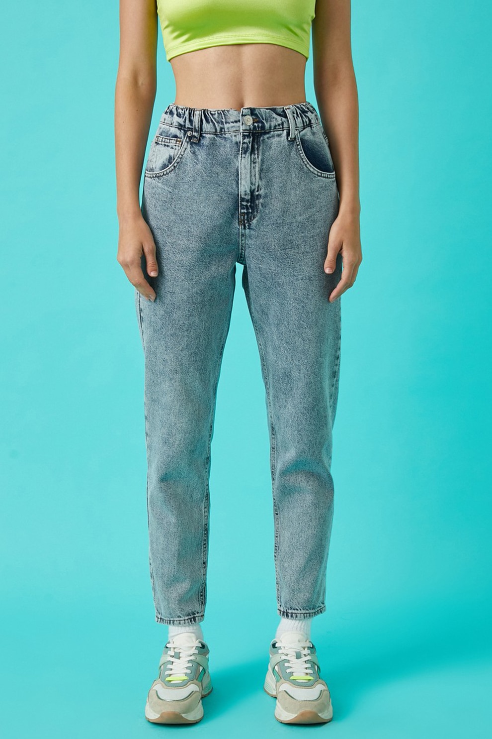 KOTON, Blugi cu 4 buzunare si talie inalta, albastru inchis/alb