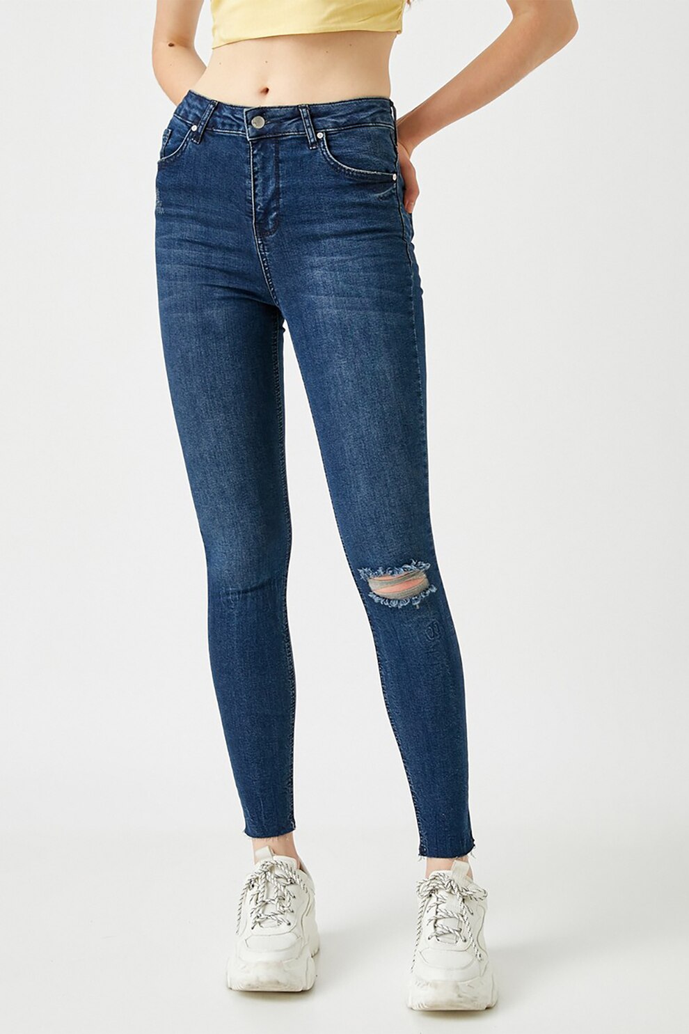 KOTON, Blugi skinny cu talie inalta, albastru inchis/alb