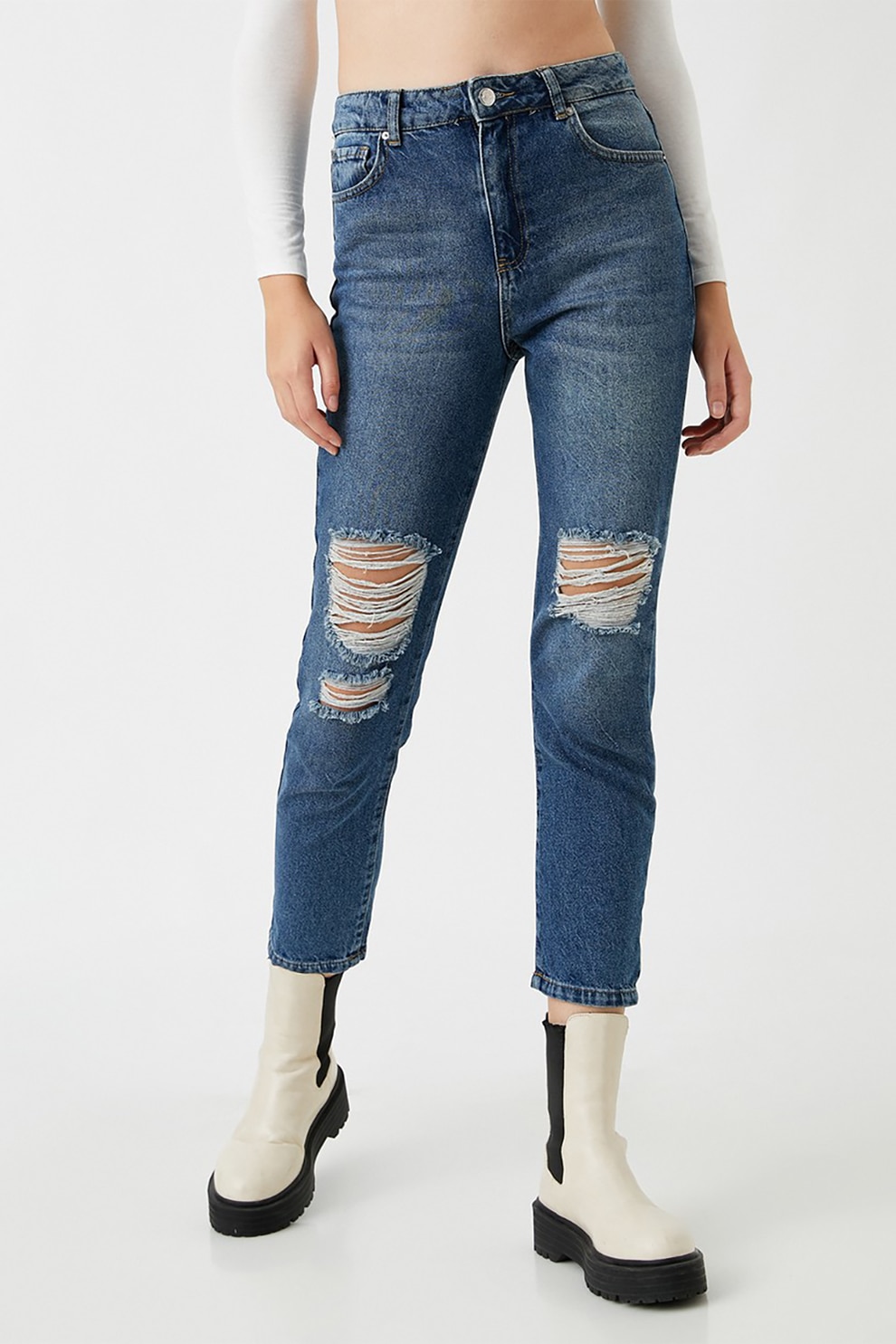 KOTON, Blugi slim fit cu talie inalta si rupturi decorative, Albastru prafuit/Alb