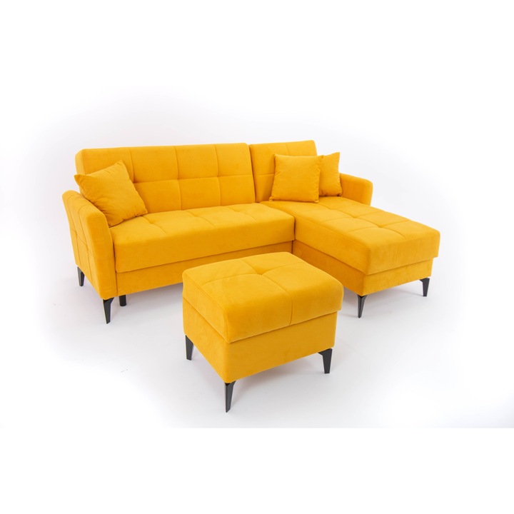 Комплект ъглов диван с табуретка Sani Levy, Разтегателен, 230x155x91 cm, Универсален ъгъл, Жълт