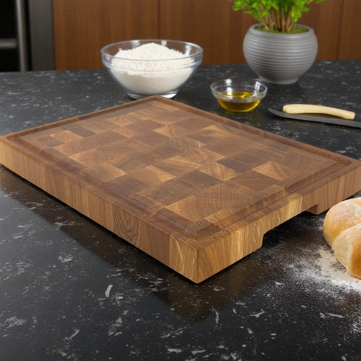 Tocator profesional de bucatarie, Fund din lemn masiv de stejar, Stil end grain, Calitate premium, 40x30x4 cm