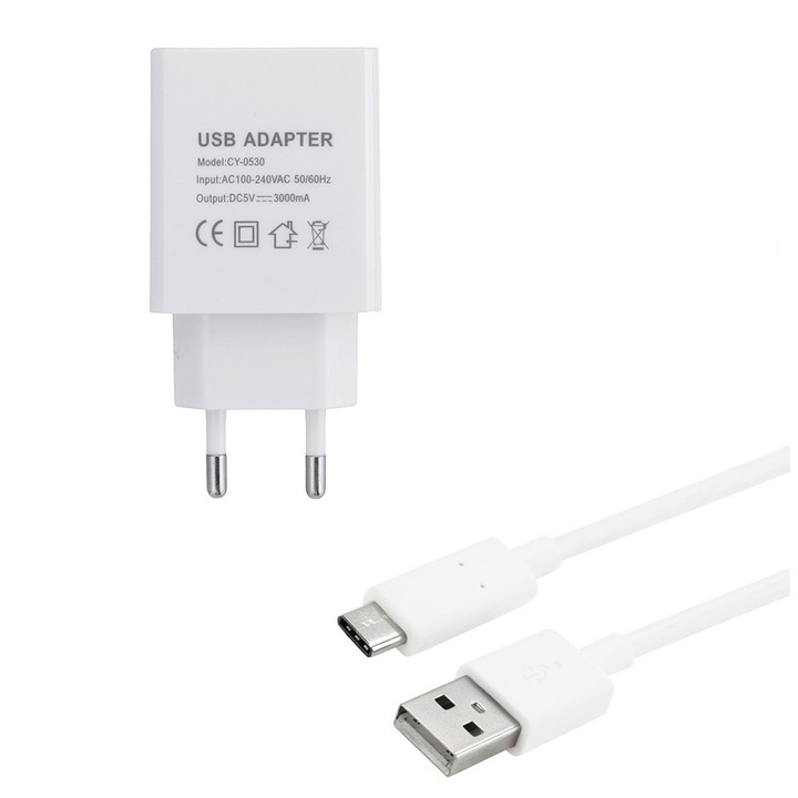 1Tech hálózati töltő, okostelefonokhoz és táblagépekhez 5V/3000mA, 110-220V, 1 x USB Type-C kábel, fehér