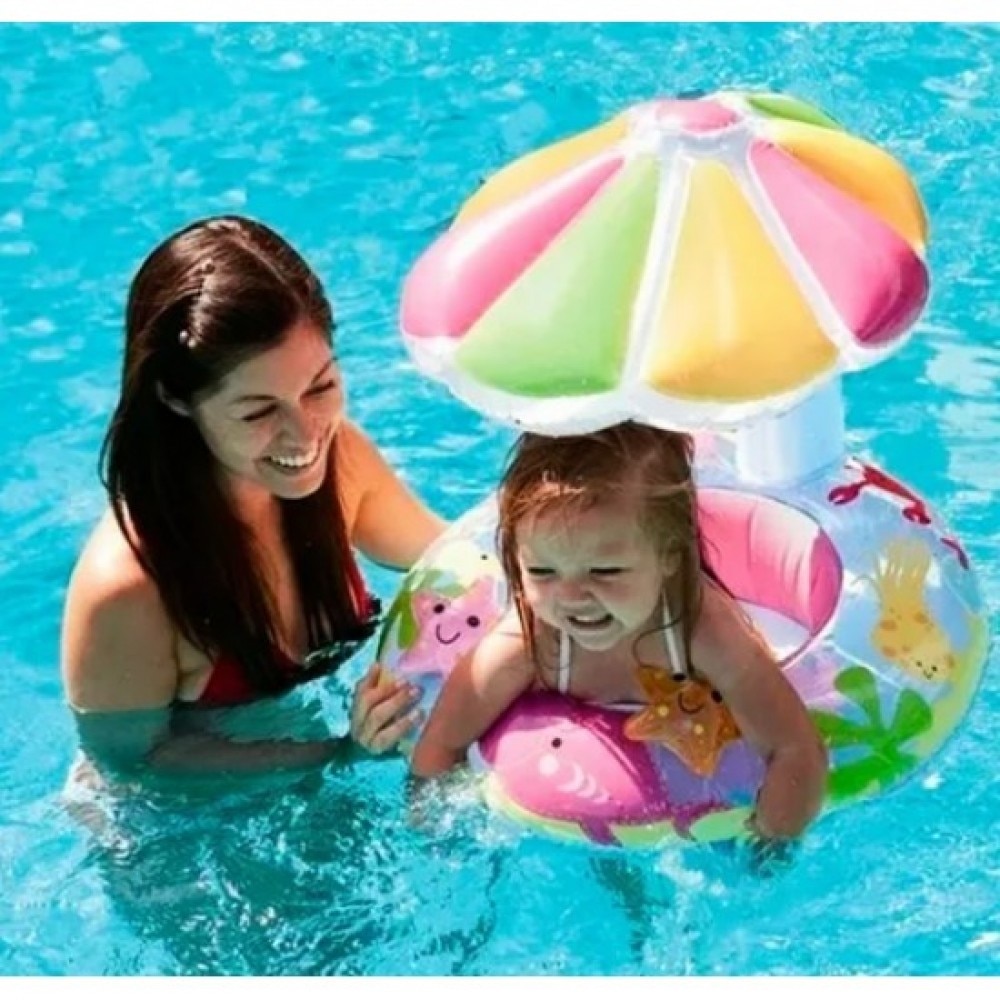 Colac de inot bebe cu acoperis Protectie solara Flower, 70 x 60 cm, roz ...