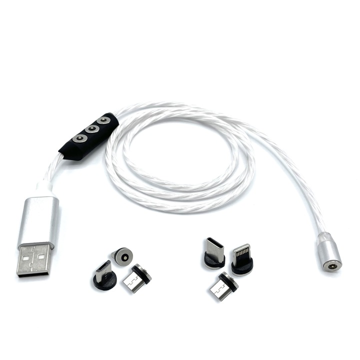 Adaptor cablu incarcare magnetic micro USB, Apple Lightning, USB-C, fast charging, LED Glow, rainbow, 100cm, capete micro USB
