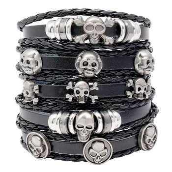 Set 5 bratari, Skull cu multiple straturi, JustZEN™, pentru barbati, din piele naturala, neagra, inchidere ajustabila Set 5 bratari, Skull cu multiple straturi, JustZEN™, pentru barbati, din piele naturala, neagra, inchidere ajustabila