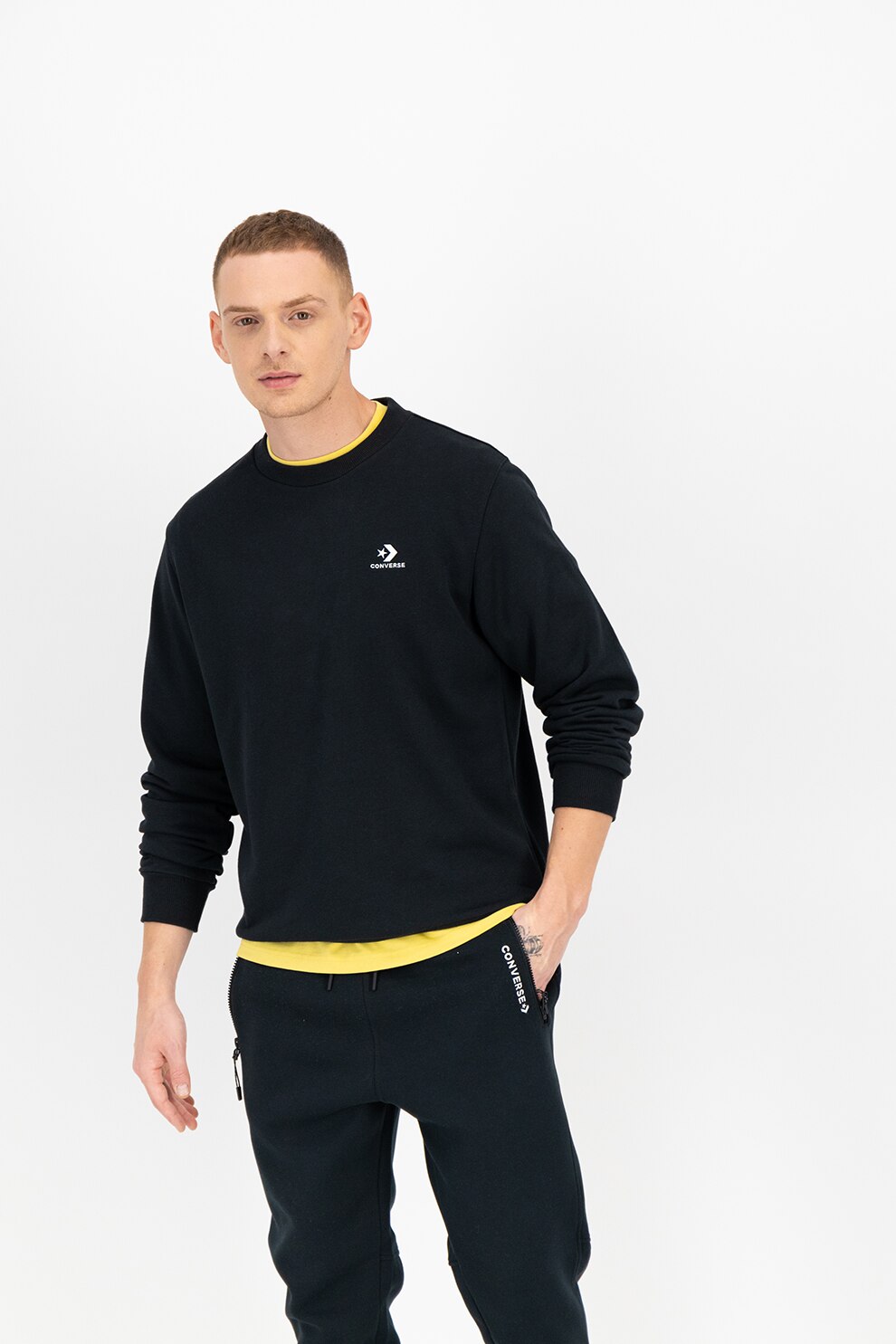 Converse, Bluza sport din amestec de bumbac cu decolteu la baza gatului EMB, Negru