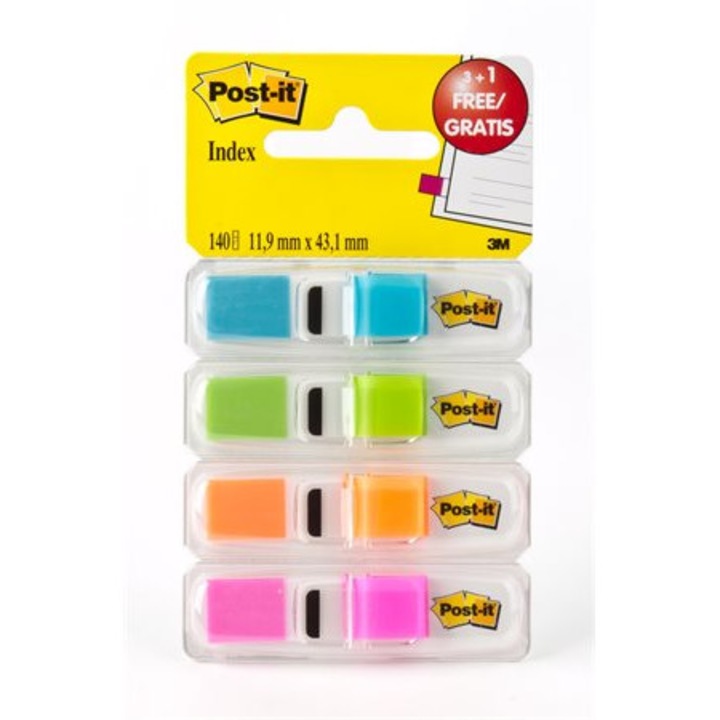 3M Postit пластмасов етикет за маркиране в диспенсър, 4x35 листа, 12x43 мм, ярки цветове