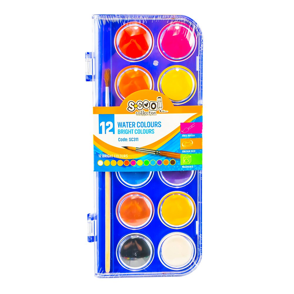 Acuarele S-cool 12 culori, 28 mm + pensula, carcasa plastic