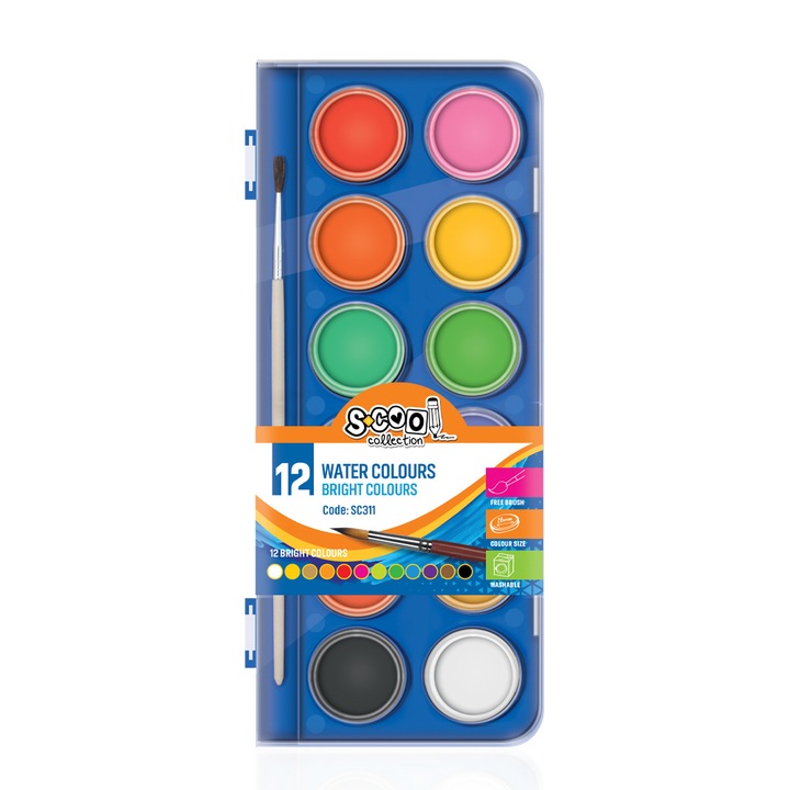 Acuarele S-cool 12 culori, 28 mm + pensula, carcasa plastic