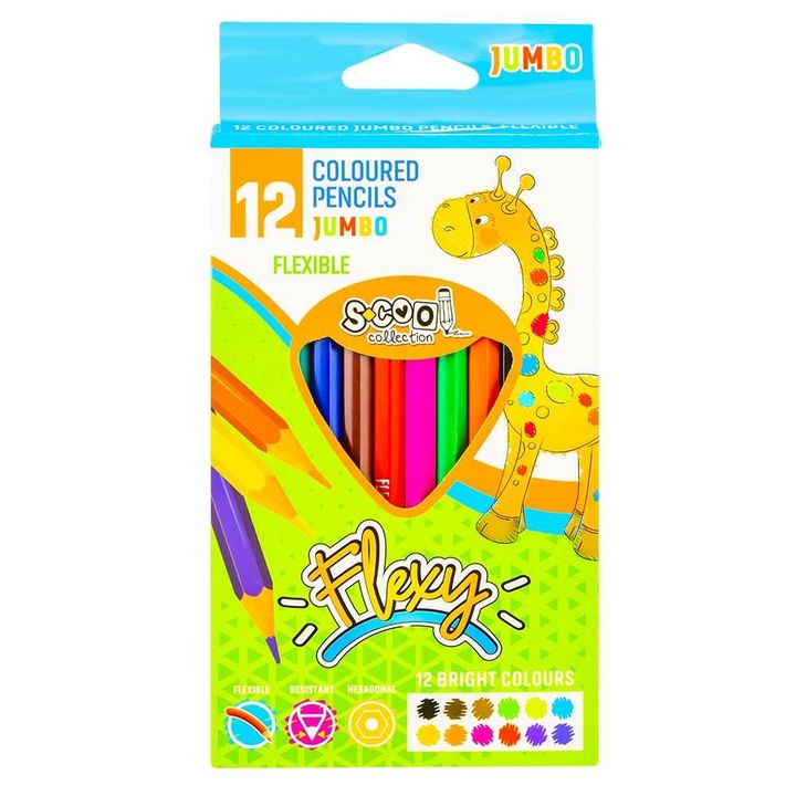 Цветни моливи S-cool jumbo flexible, 12 цвята/комплект