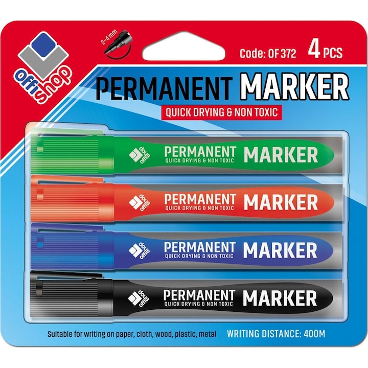 Marker permanent Offishop, 2-4 mm, 4 culori/blister