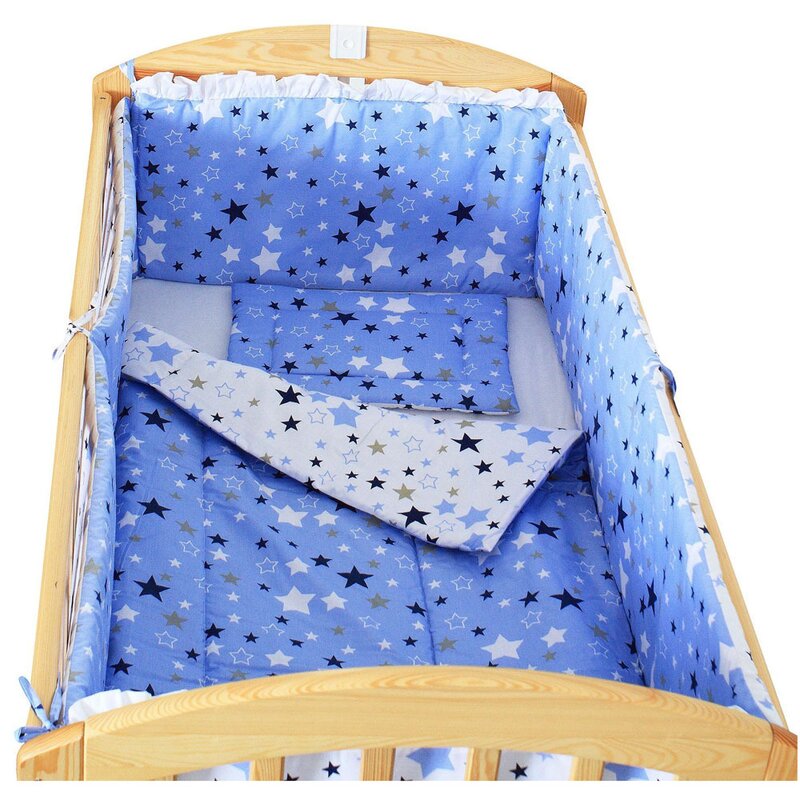 Lenjerie patut, 5 piese, 2 fete, stelutele albastre, 140 x 70 cm