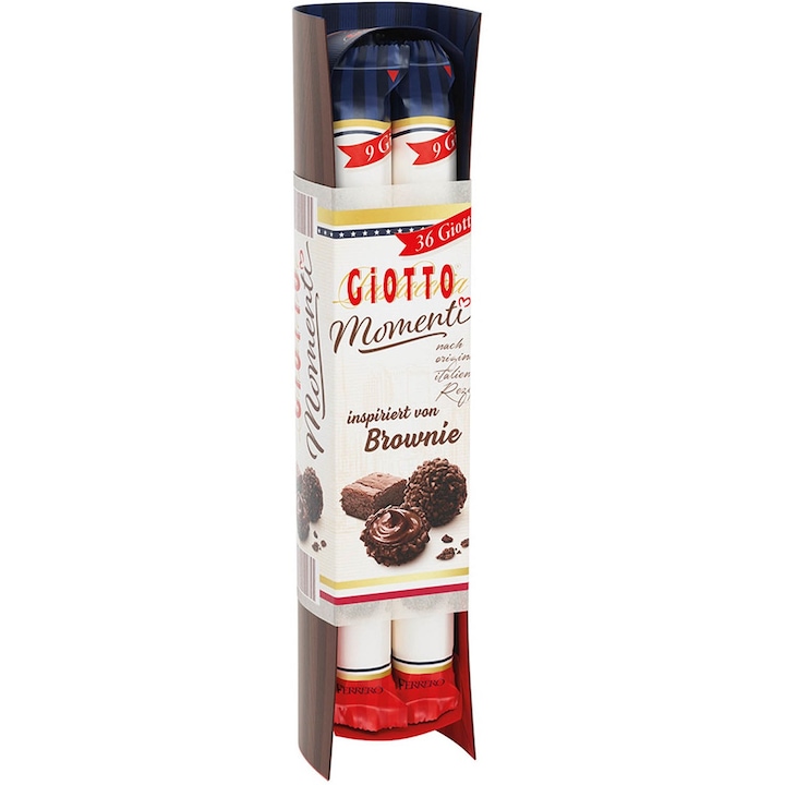Giotto Brownie ízű,tejes-kakaós töltelékkel töltött, kekszdarabookal borított ropogós ostya 4*38.5G