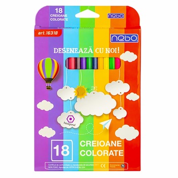 Set 18 creioane hexagonale colorate pentru copii, culori intense si varfuri rezistente, 21 x 13,3 x 0,8 cm Set 18 creioane hexagonale colorate pentru copii, culori intense si varfuri rezistente, 21 x 13,3 x 0,8 cm