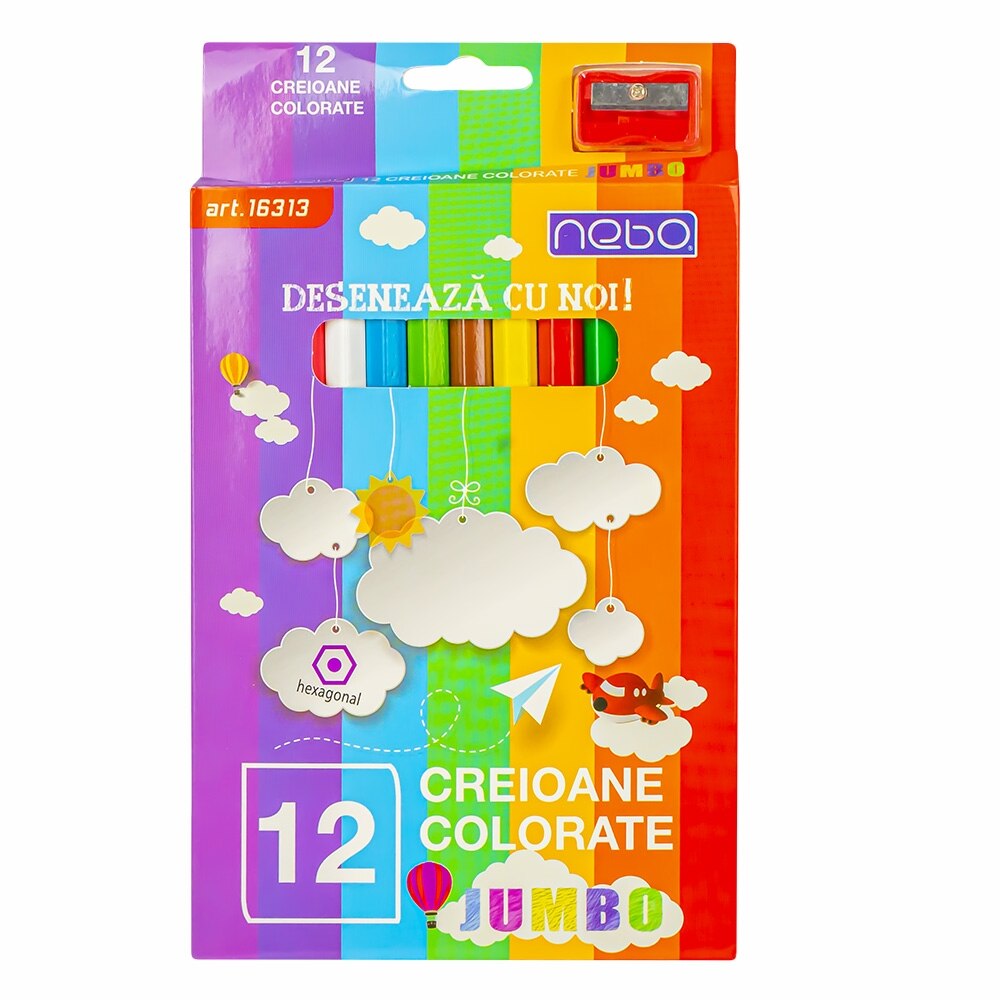 Set 12 creioane hexagonale colorate pentru copii, ascutitoare inclusa, 21.5 x 12.3 x 1 cm