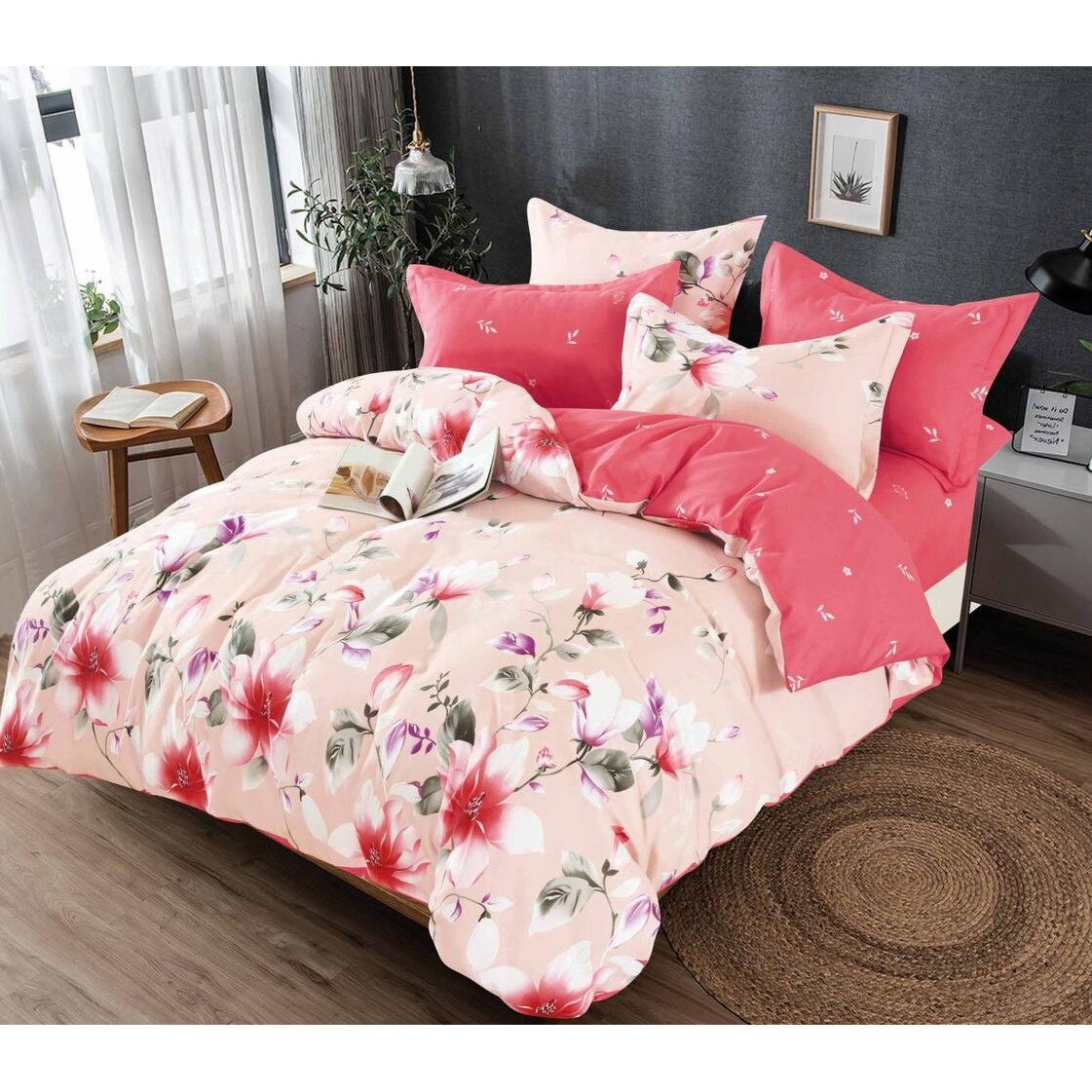 Set 6 piese, Lenjerie de pat dublu din bumbac FINET, multicolor - LFP52