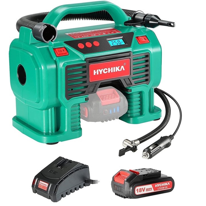 Set compresor de aer cu baterie 2,0 A si incarcator, portabil, cu afisaj LCD, max 11 Bar, alimentare 12V, pentru anvelope, mingi, lumina LED, oprire automata
