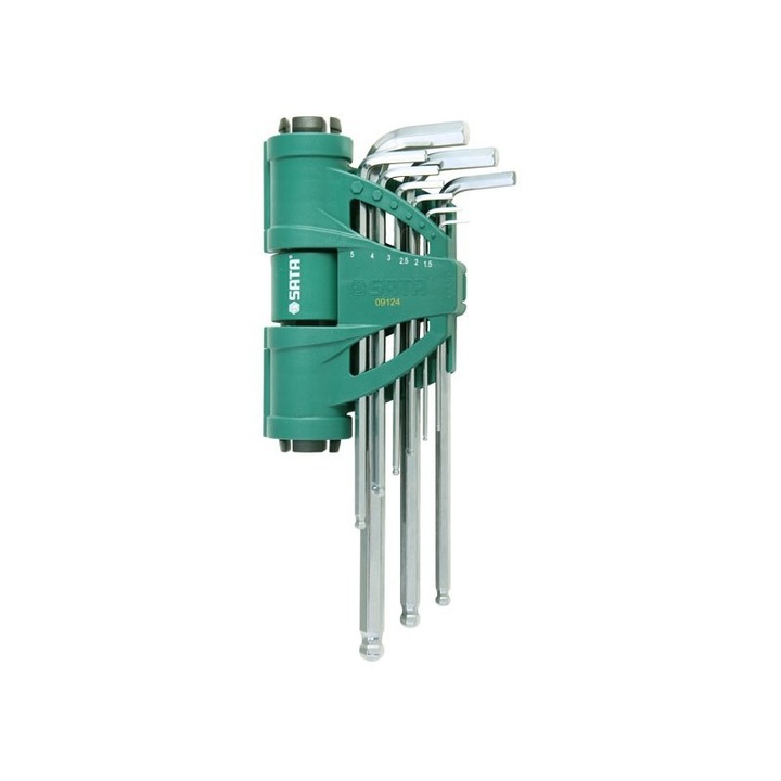 Set chei cu locas Hex, Sata, 9 piese, extra lungi, cap sferic, deschidere 2‑10mm