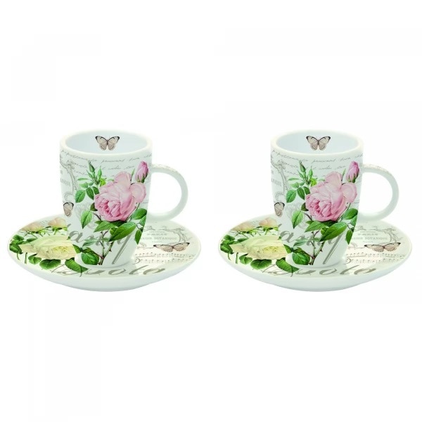 Set 2 cesti cu farfurie - Jardin Botanique, Portelan, 50 ml, Roz