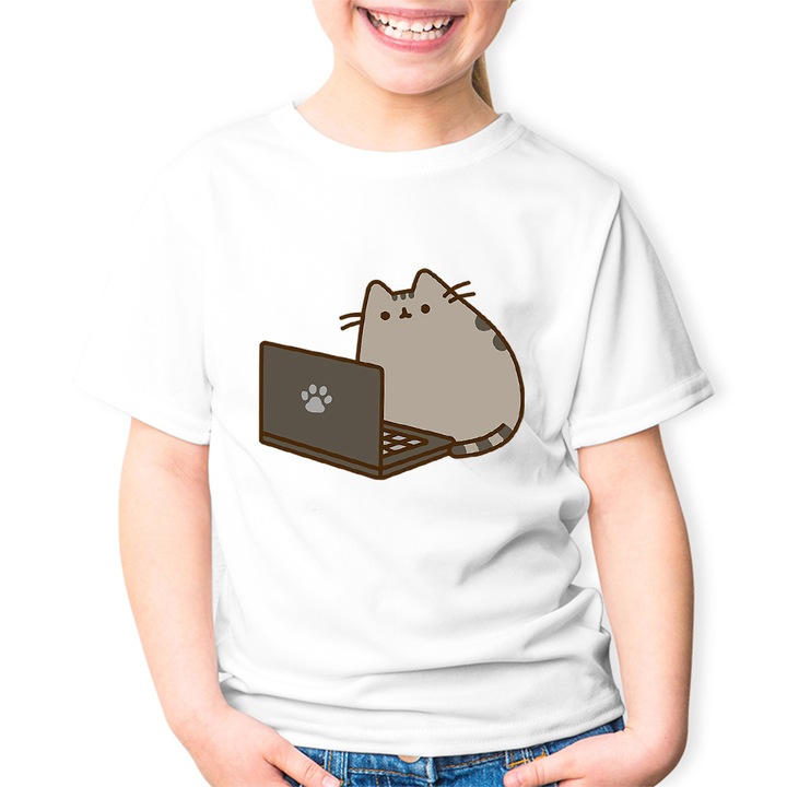 Gyerek póló Pusheen Cat Laptop Meow aranyos macska, Fehér