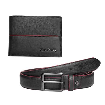 Set de curea 130cm si portofel, Pierre Cardin, PCL045P5, Piele naturala, Negru/Rosu