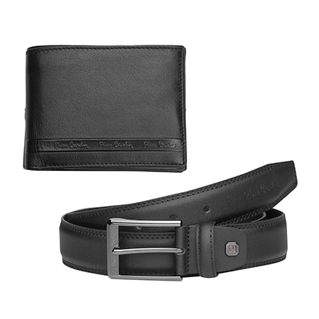 Set de curea 130cm si portofel, Pierre Cardin, PCL045V5, Piele naturala, Negru