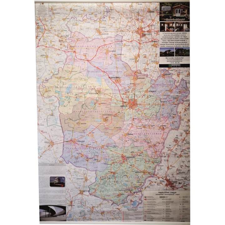 Hajdú-Bihar megye járásai falitérkép, műanyag léccel, papír (98 cm x 70 cm) - (2017)