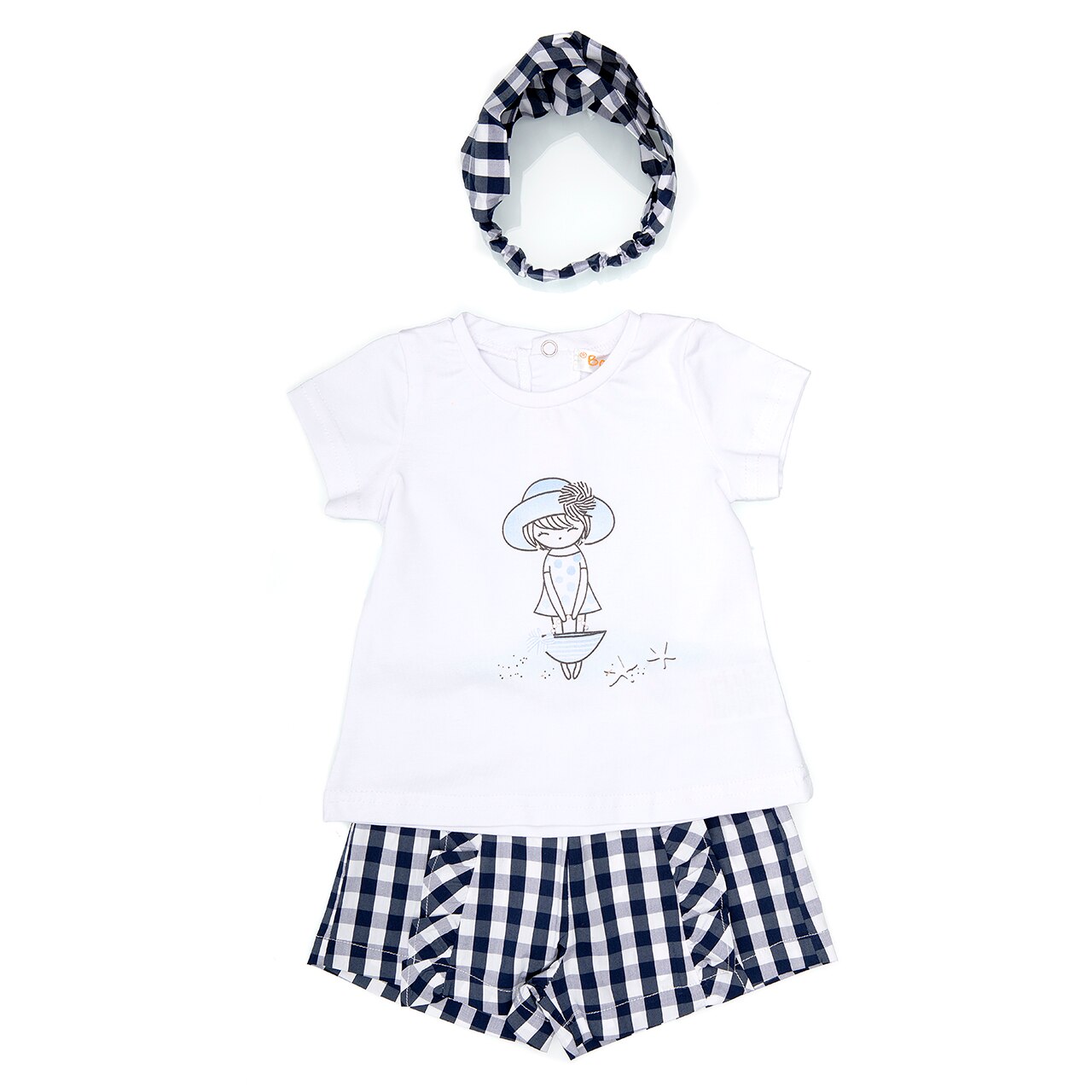 Set 3 piese fete Babybol, tricou ,pantaloni scurti carouri si bandana, Alb/Navy