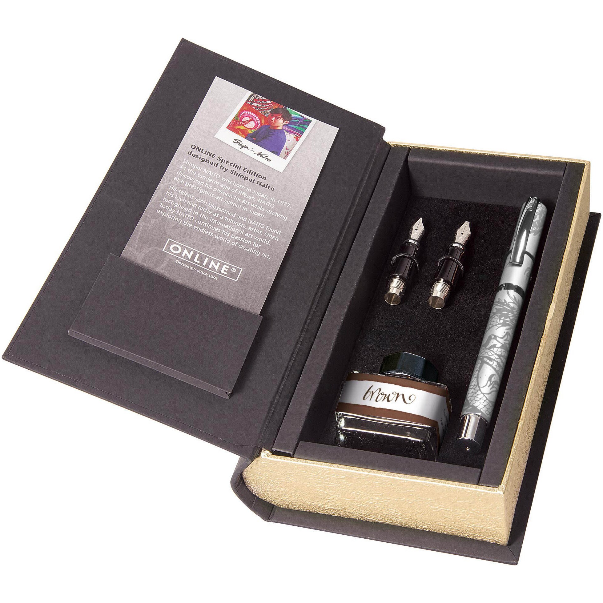 Set caligrafie Online contine stilou argintiu-calimara-2penite