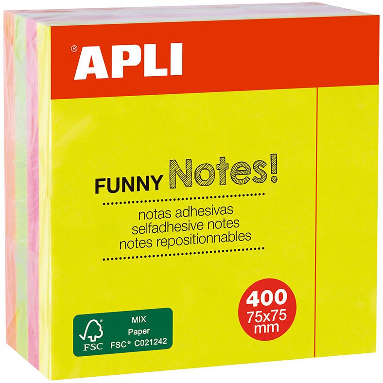 Cub notite adezive Apli, 75x75mm, 400 file, 4 culori neon