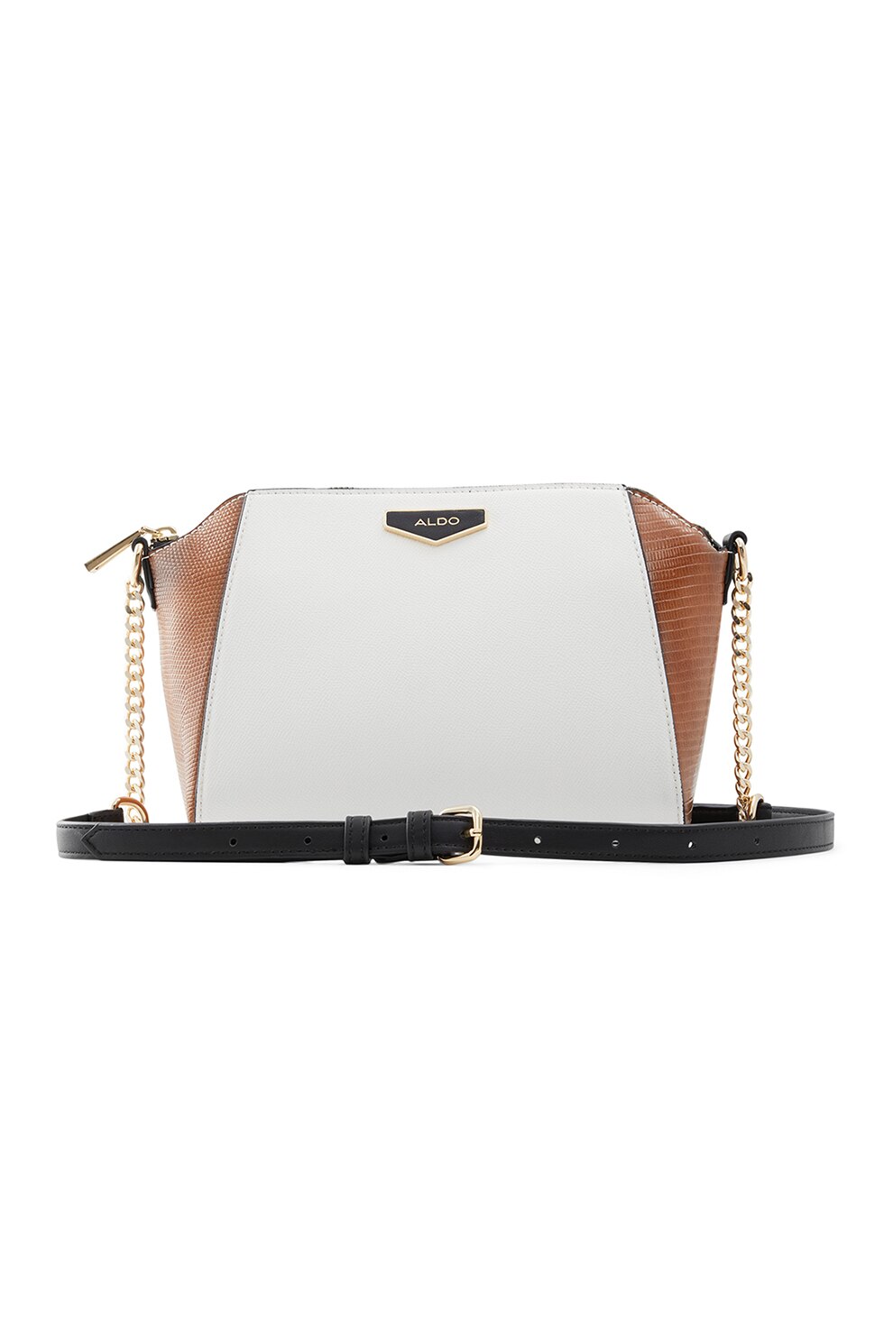 Aldo, Geanta crossbody de piele ecologica cu aplicatie logo metalica Baema, Maro scortisoara/Gri deschis